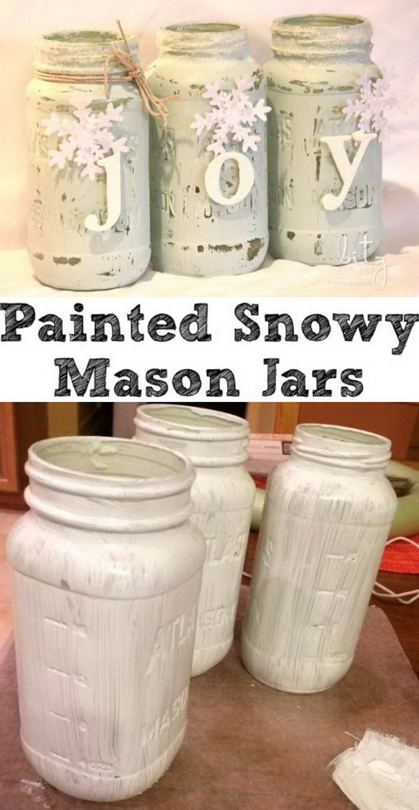 Painted Snowy Mason Jars. 