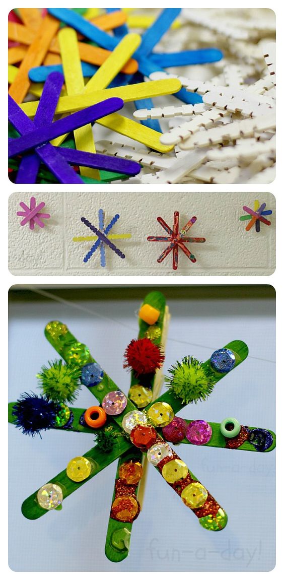 Colorful Popsicle Stick Snowflakes. 