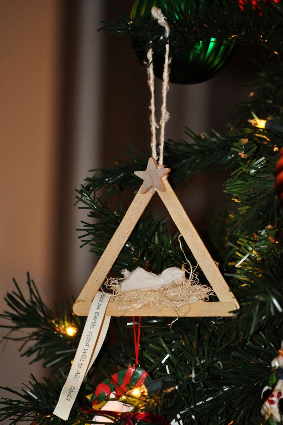 Precious Nativity Popsicle Stick Christmas Ornament. 