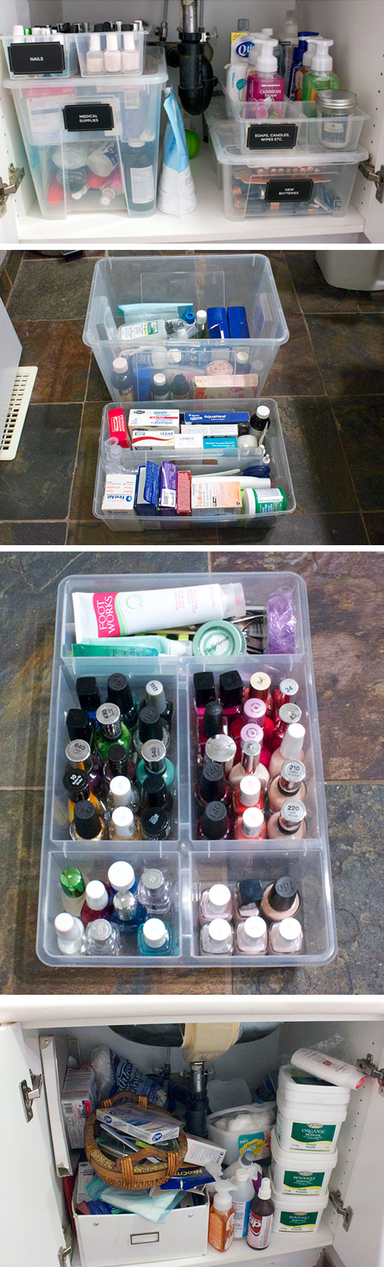 Organize Cabinet with Plastic Containers. 