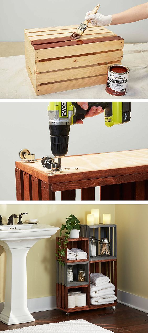 Turn Ordinary Wooden Crates into Cool Bathroom Storage on Wheels. 