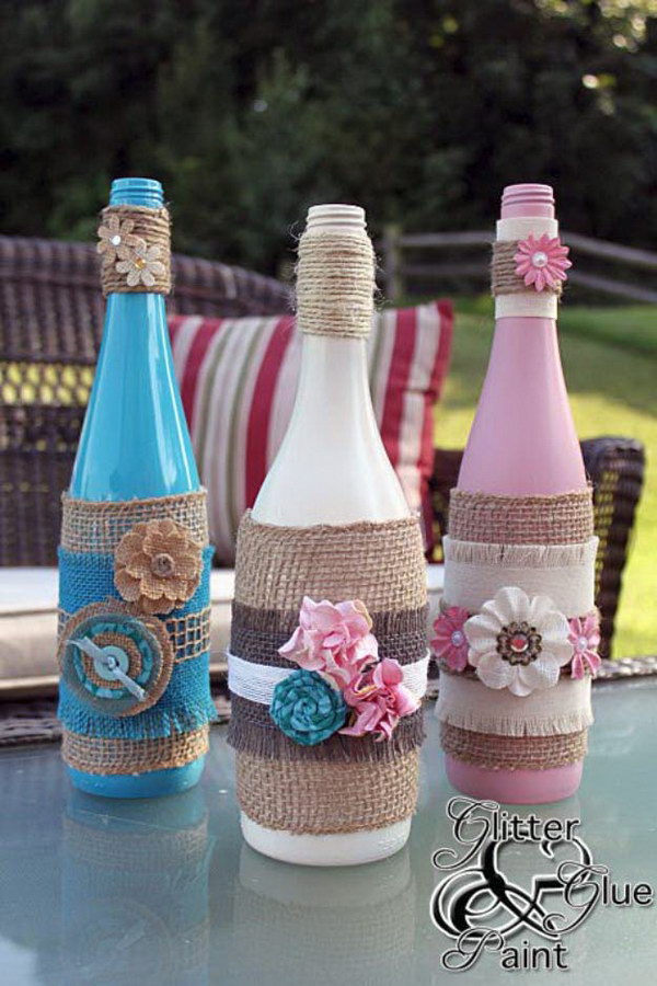 Burlap Wrapped Wine Bottles. 