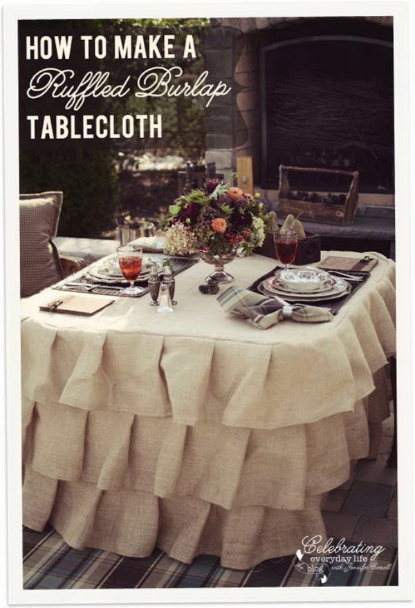 Ruffled Burlap Tablecloth. 