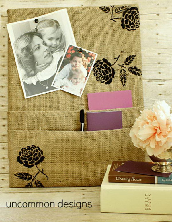 Burlap Corkboard With Pockets. 