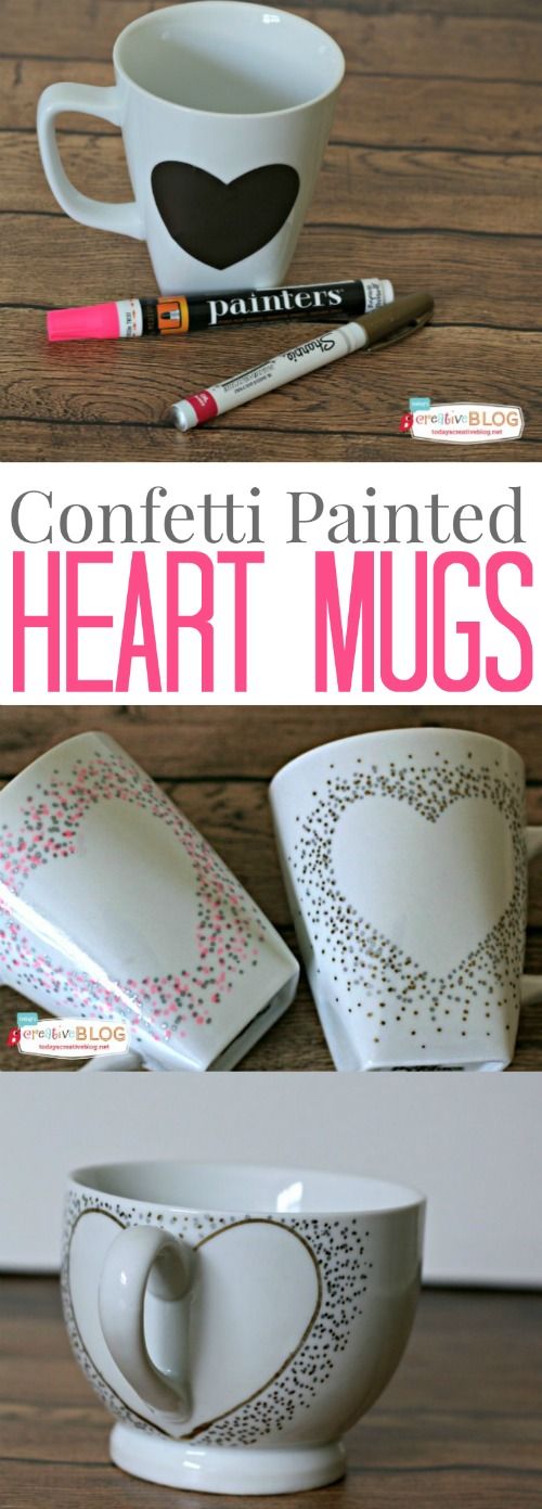 DIY Confetti Painted Heart Mugs. 