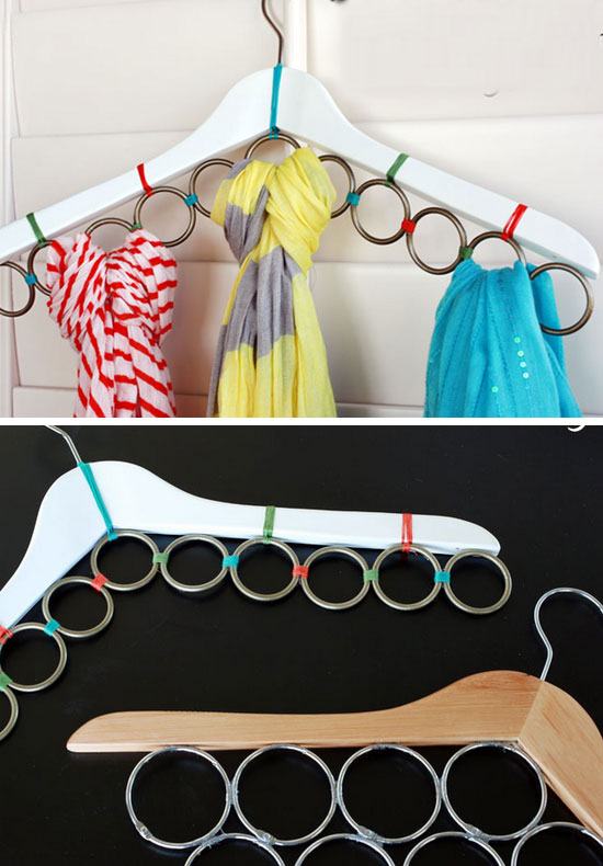 Make a Scarf Hanger Using a Clothes Hanger and Curtain Rings. 