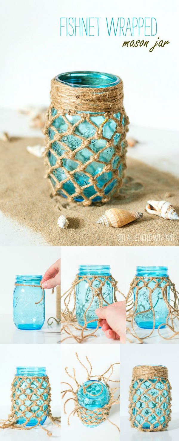 Fishnet Wrapped Mason Jar. 