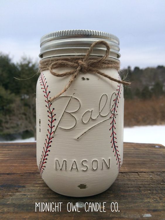 Hand-Painted Baseball Mason Jar Bank. 