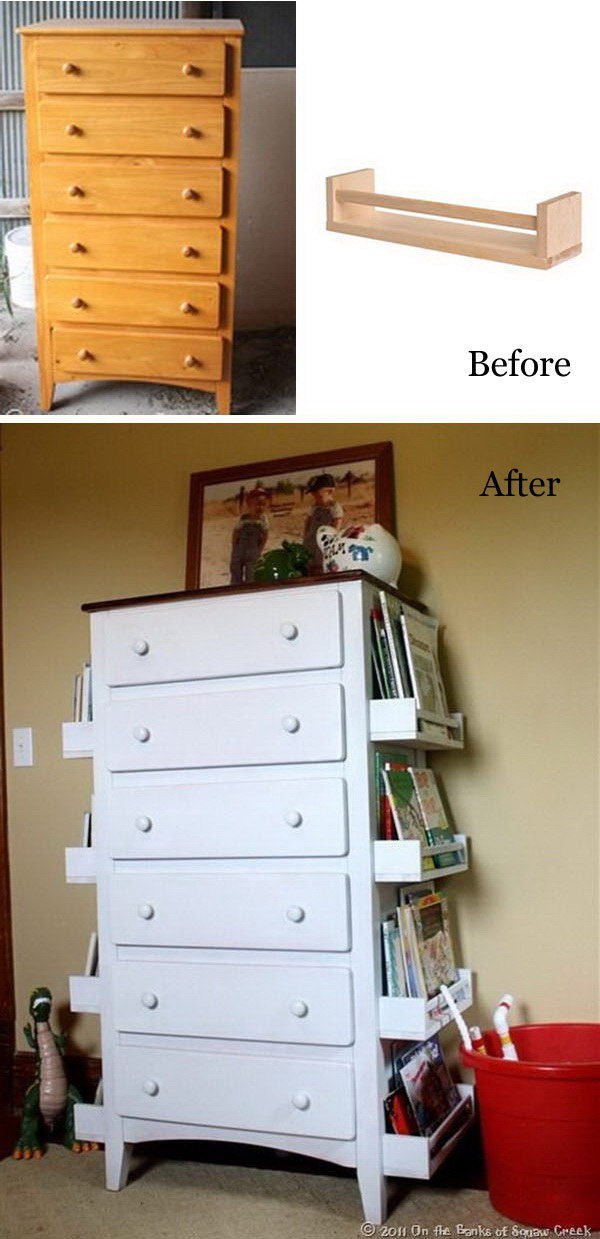 Attach Racks to Sides of Dresser to Store Books and Magazines. 