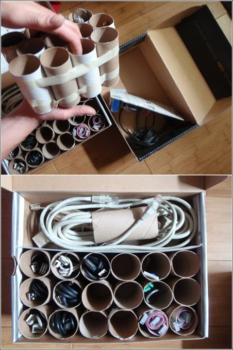 Put the Toilet Rolls in a Shoe Box for Storing Wires Lying Around. 