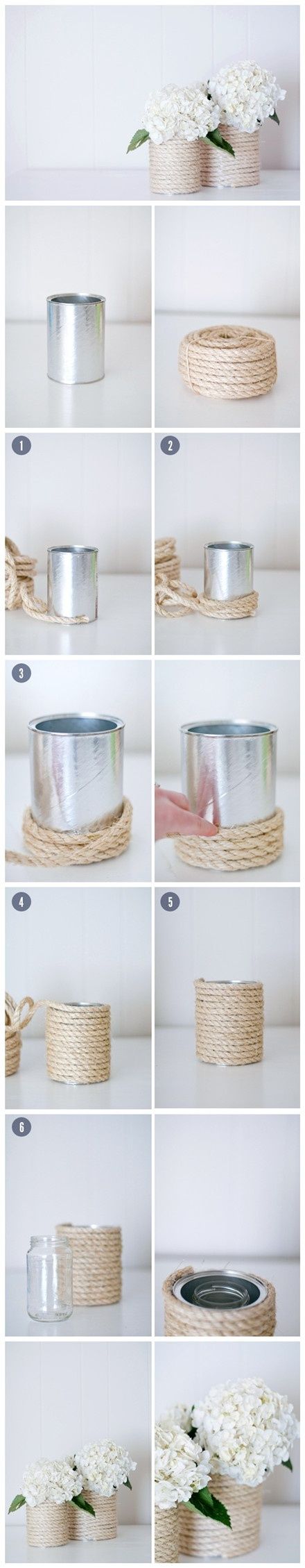 DIY Nautical Tin Can Rope Vases. 