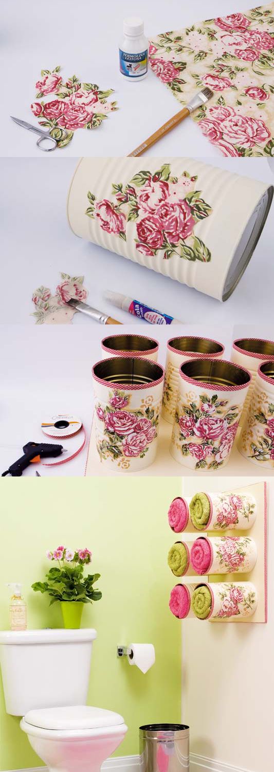 Decoupage Tin Cans for Towel Storage and Wall Decor. 