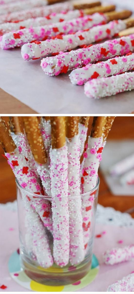 Valentines White Chocolate-Dipped Pretzel Rods. 