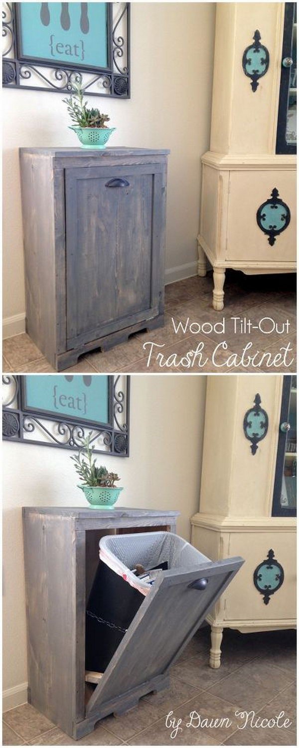 Hide Your Trash Can in Style with the Tilt-Open-Door Cabinet. 