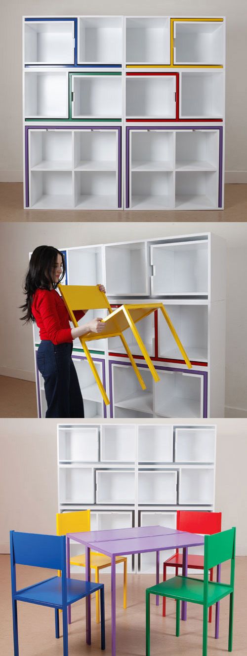 These Chairs and Table Have Hidden Storage in the Bookshelf. 