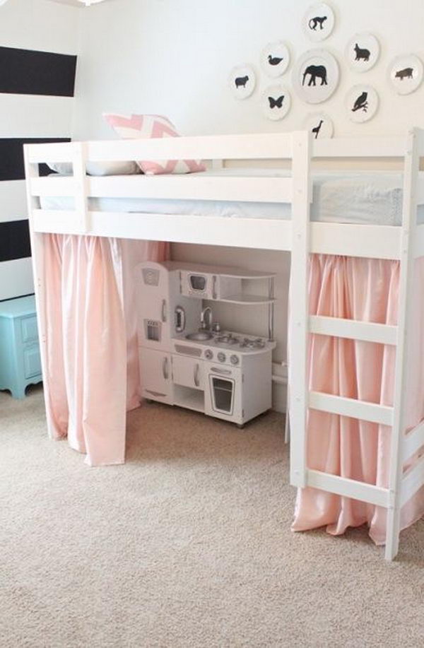 pink loft bed with desk