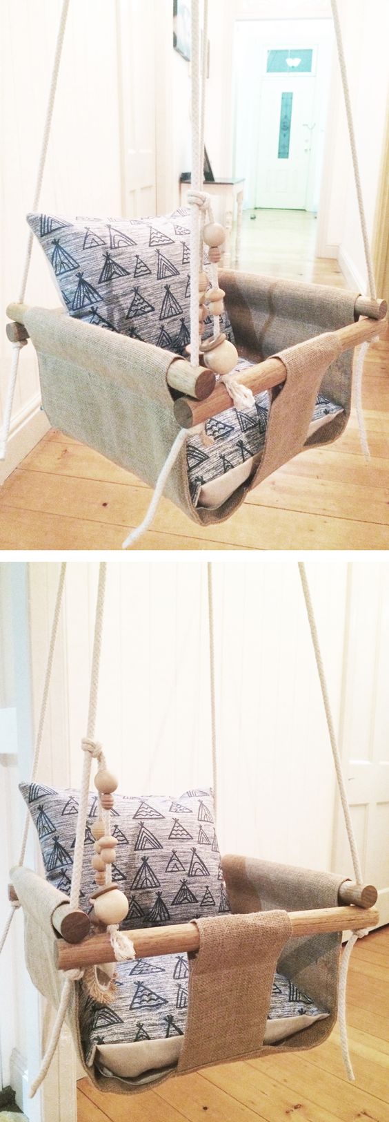 Handmade Burlap Baby Swing. 