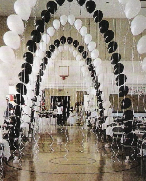 Black and White Themed Balloon Arches with Streamers. 