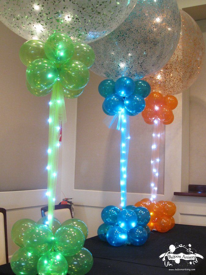 Green, Blue & Orange Sparkle Balloons with Balloon Bases & Lights