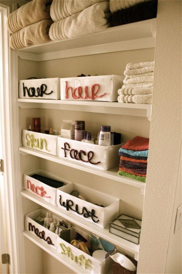 DIY Bathroom Organization with Yarn Labeling