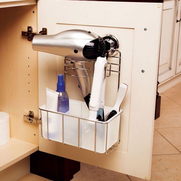 Install Shelves Under The Bathroom Sink For Hair Dryer Storage