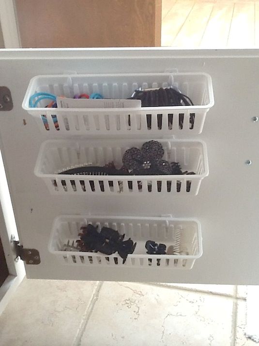 Behind Cabinet Door Storage Using Command Hooks And Baskets. 