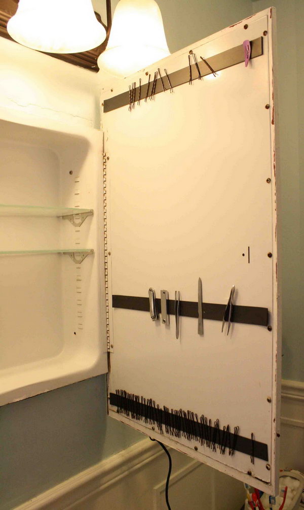 Organize Your Bobby Pins With The Magnetic Strip Over The Cabinet Door