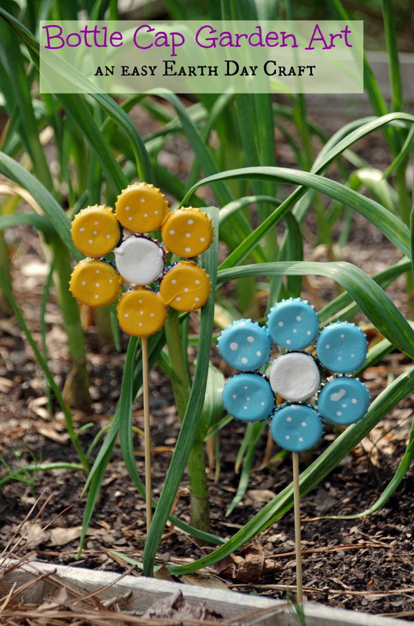 Bottle Cap Garden Art. An easy and fun Earth Day craft. 