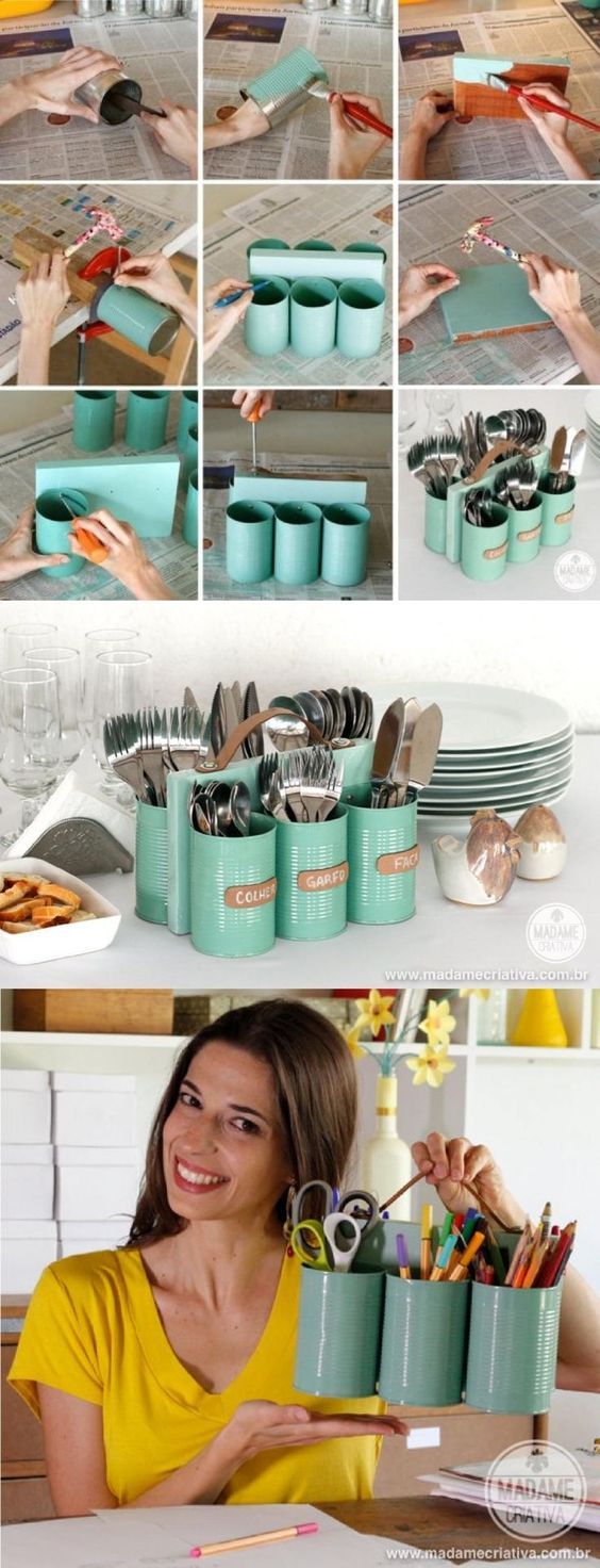 Easy DIY Dinnerware Holder Made From Tin Cans. 