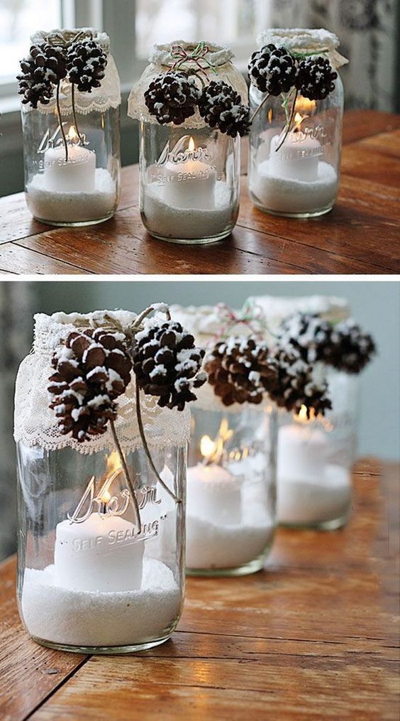 Snowy Pinecone Jars Candle Holders. 