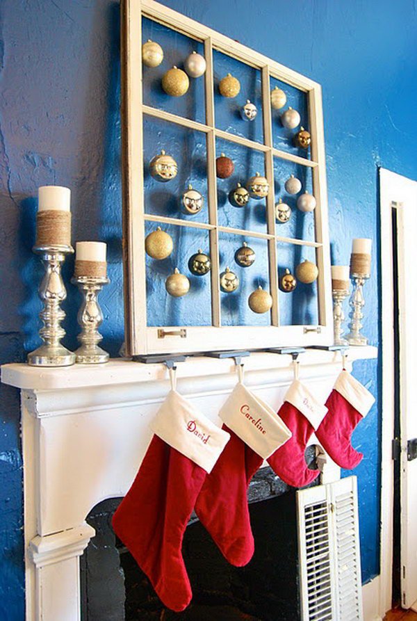 Old Window with Hanging Ornaments in Each Pane for Christmas Decor