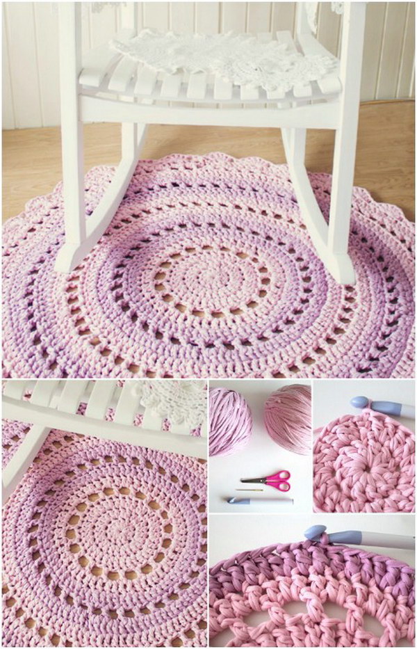 Crochet T-shirt Yarn Rug. Make this beautiful t-shirt yarn rug for the favorite room in your house. 