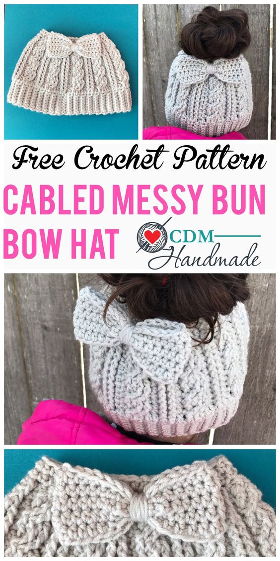 Cabled Messy Bun Hat. 