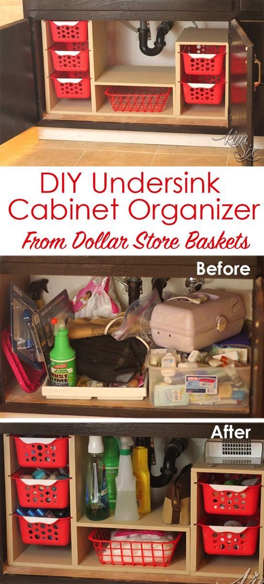 DIY Undersink Cabinet Organizer From Dollar Store Baskets. 