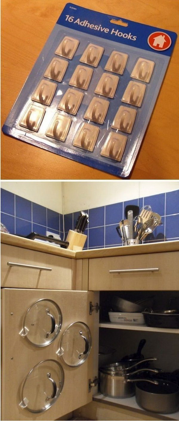 Lids Storage with Adhesive Hooks. 