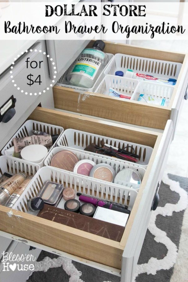 Bathroom Drawer Organization with Plastic Baskets. 