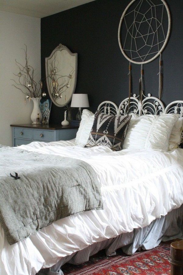 Bohemian Bedroom Decorated with Dream Catcher. 