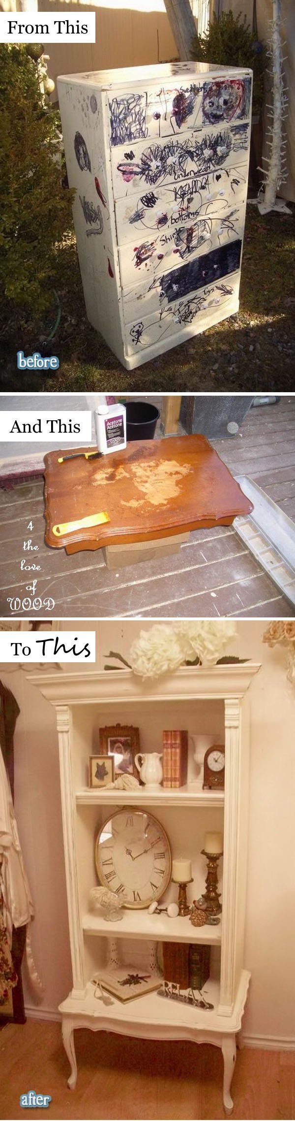 DIY French Book Shelf From Old Dresser. 