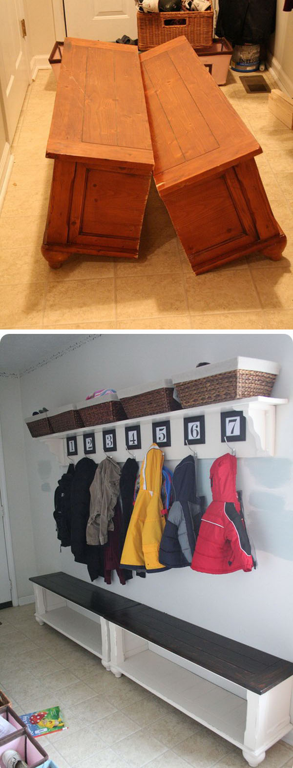 Turn an Old Coffee Table to a Mudroom Bench. 