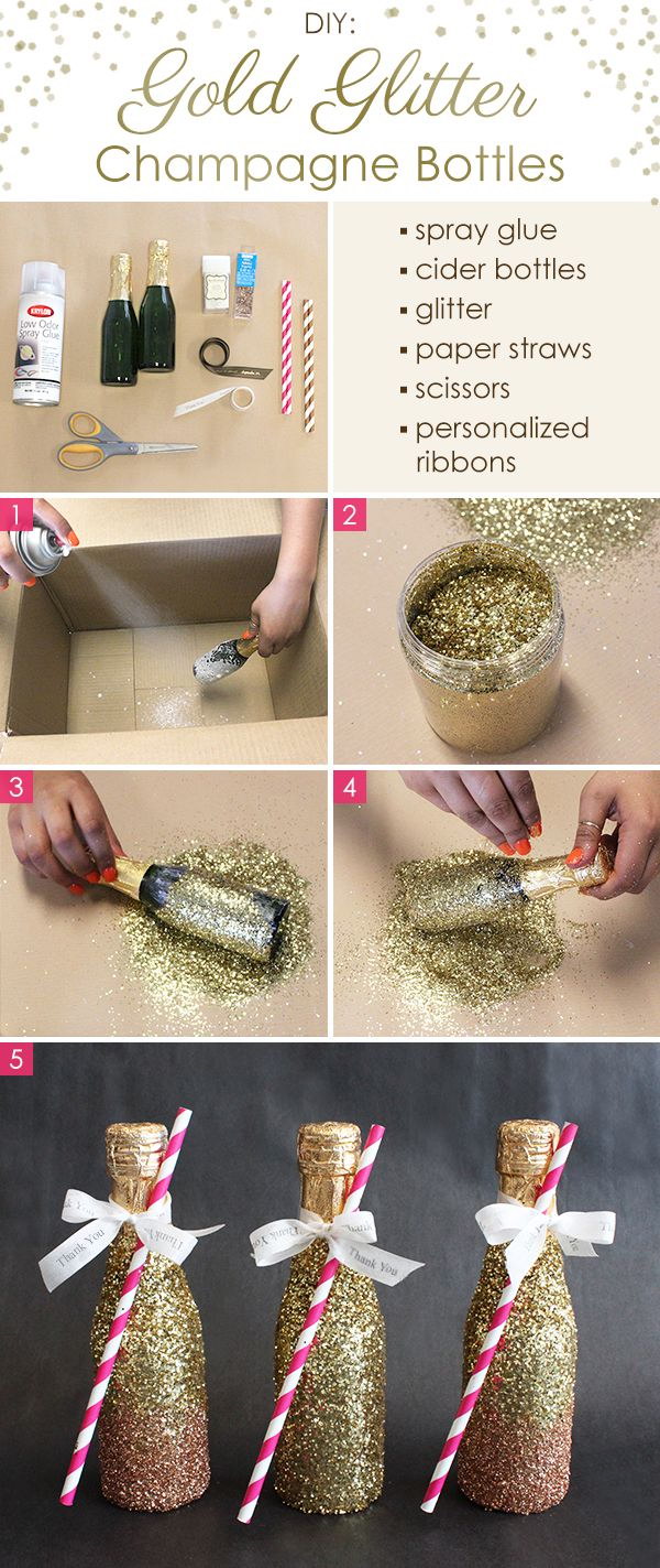 DIY Gold Glitter Champagne Bottles. 