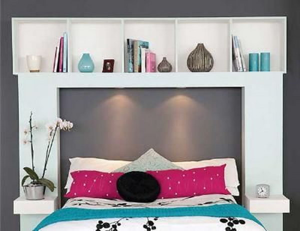 It's a clever idea to use your headboard for extra storage space.