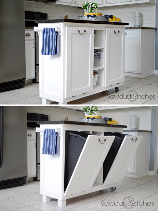 Recycled Kitchen Island with Hidden Trash Bins. 