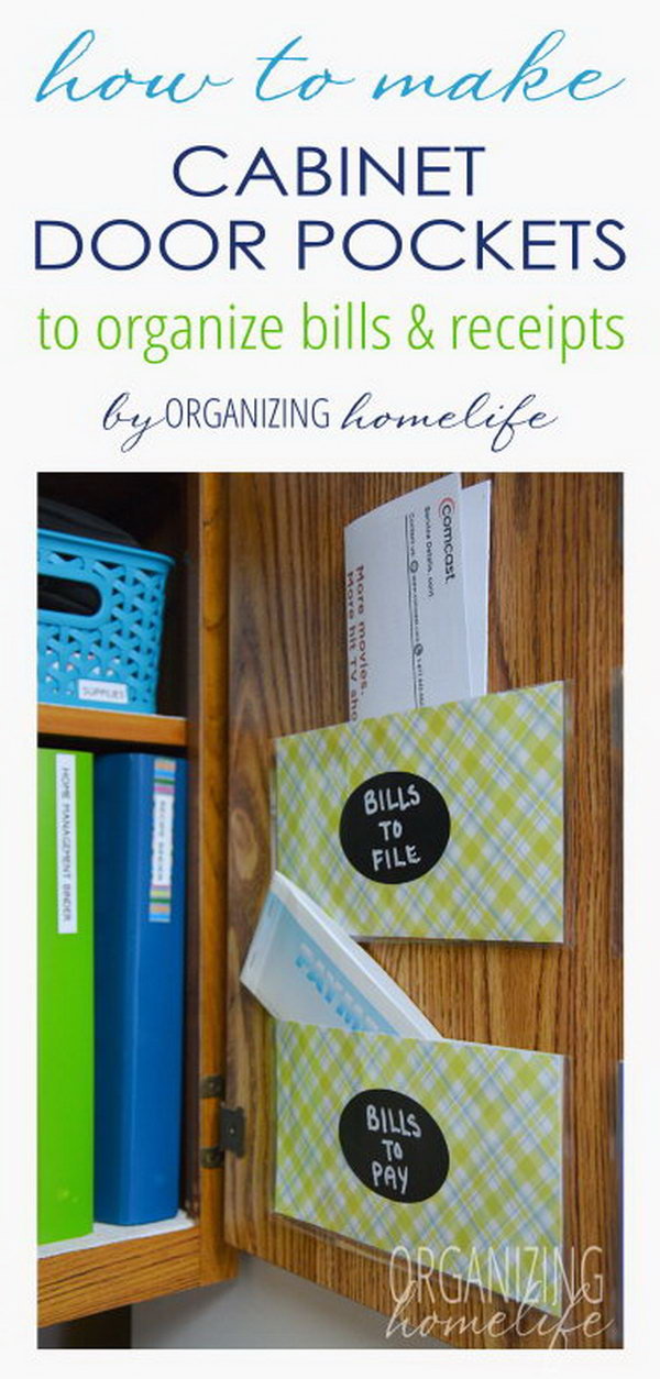 Organize Bills and Paperwork with DIY Cabinet Pockets. 