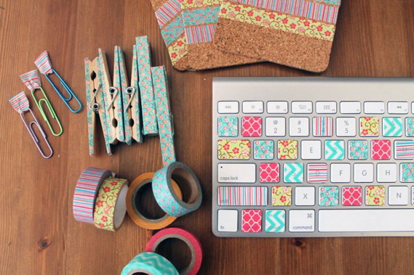 Washi Tape Workspace Makeover. From colorful keys to the cutest clothespins around, washi tape will give you the easiest, cutest office. See the full directions  