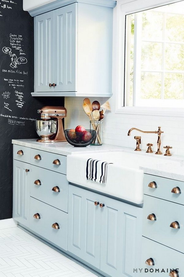 Baby Blue Kitchen Cabinets with Brass Hardware. 