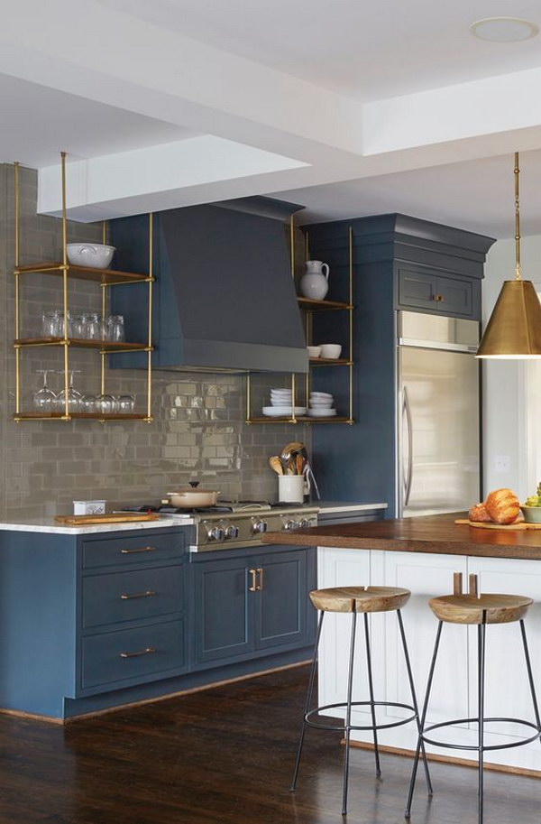 Shelving Stove Paneling Slate Blue Cabinets with Gold Hardware. 