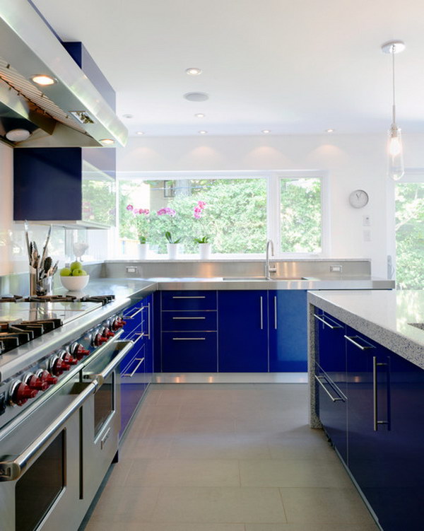 Contemporary Kitchen with Blue Cabinets. 