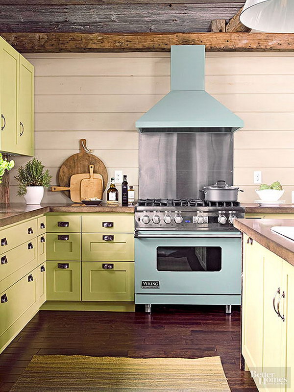Pale Yellow-Green Celadon Cabinetry in a Casual Cottage Kitchen. 