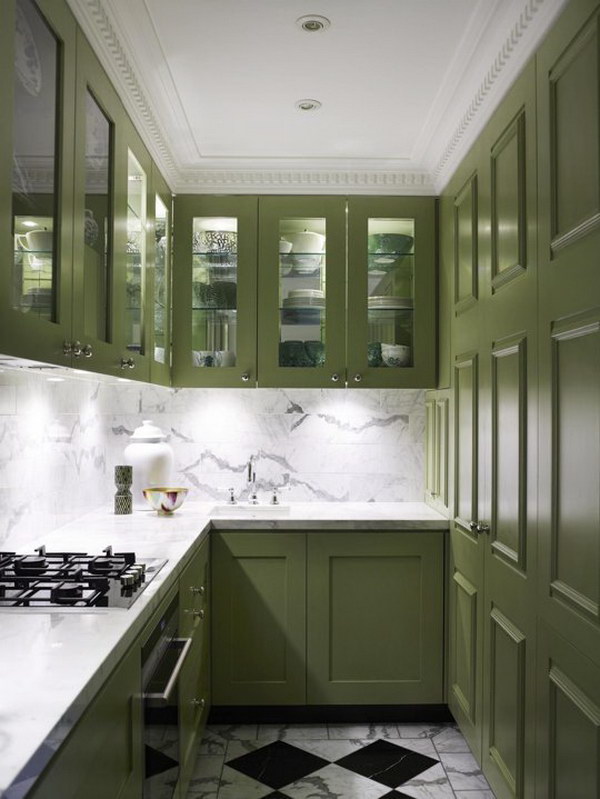 Dark Green Tall Kitchen Cabinets. 