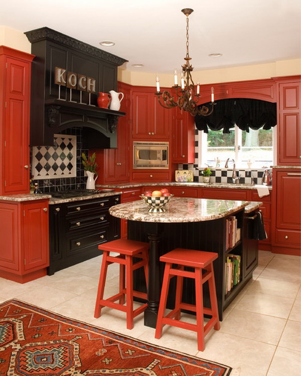 Traditional Kitchen with Red Cabinets, Raised-Panel Cabinets. 